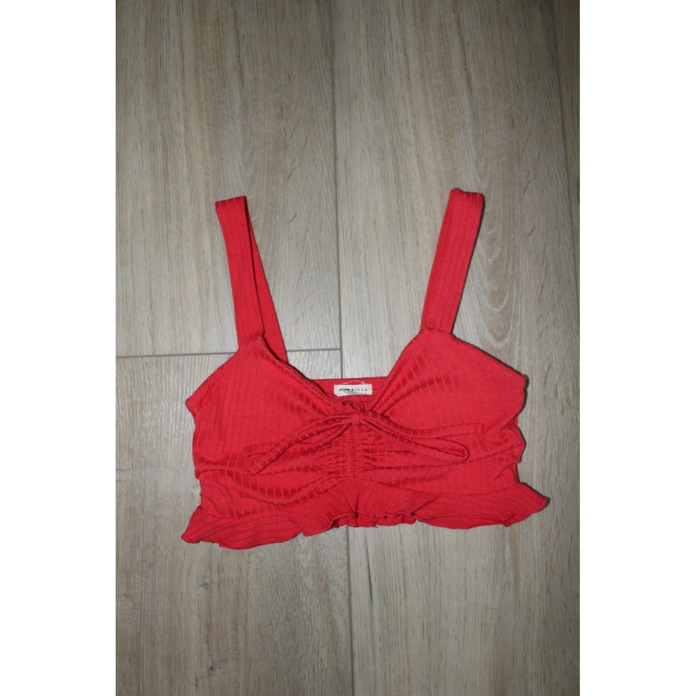 Billabong Women's Red Ribbed Knit Front Tie Ruffle Hem Crop Top Cami‎ Small